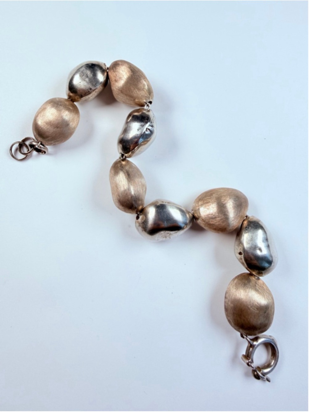 Avant Garde Large Pebble Nugget Polished & Matte Bead Sterling 950 Bracelet - Picture 5 of 12